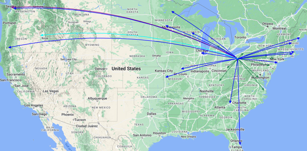 The QSO Map for the activation of K-1999 by KC8JC on 19-Feb-2024.