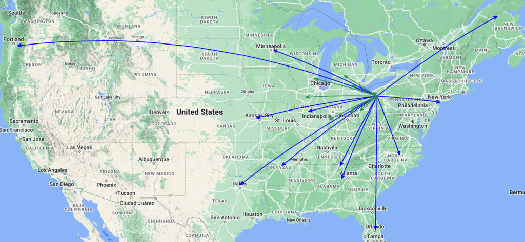 The QSO Map for the activation of K-1999 by KC8JC on 24-Feb-2024.