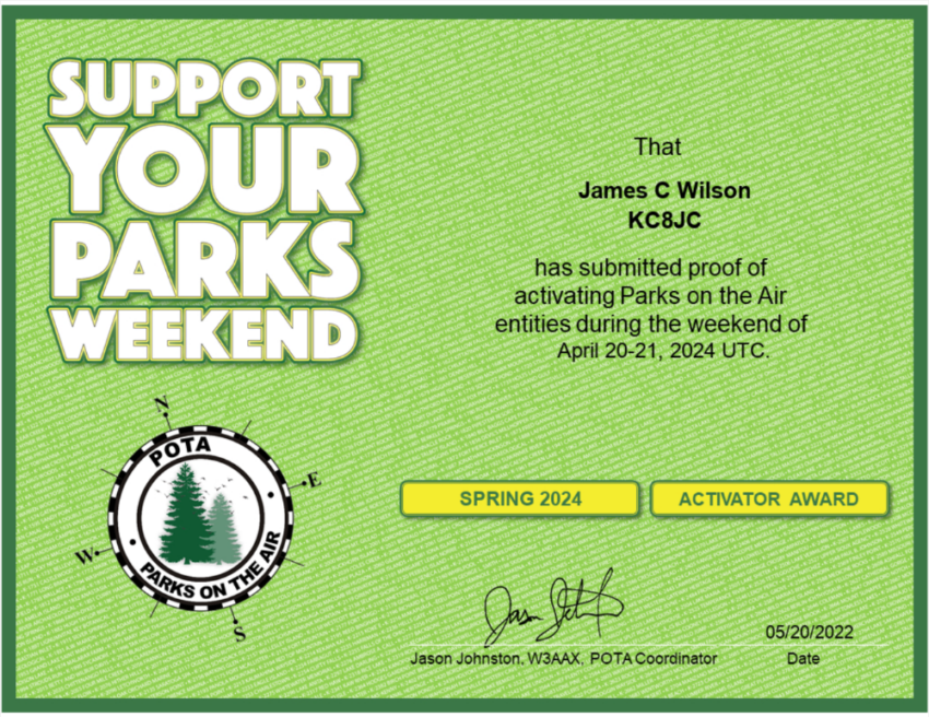 POTA Support Your Parks Spring 2024 Activator Award for KC8JC