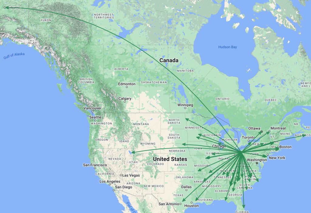 QSO Map of the activation of US-1999 by KC8JC on 27-Mar-2024.