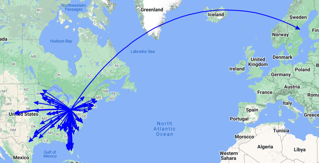 QSO Map of the Global portion of the activation of US-1999 by KC8JC on 31-Mar-2024.