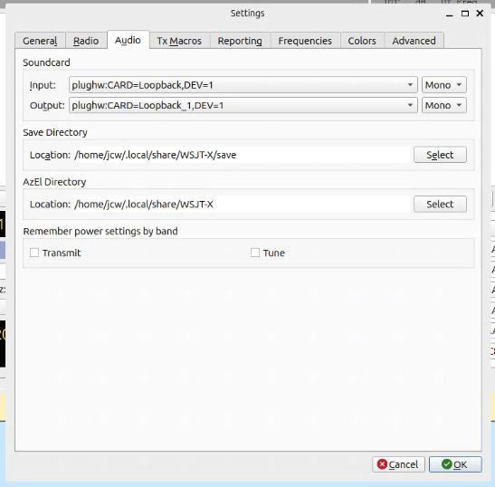 The WSJT-X Audio configuration window with the values set as detailed above.