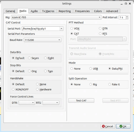 The WSJT-X Radio configuration window with the values set as detailed above.