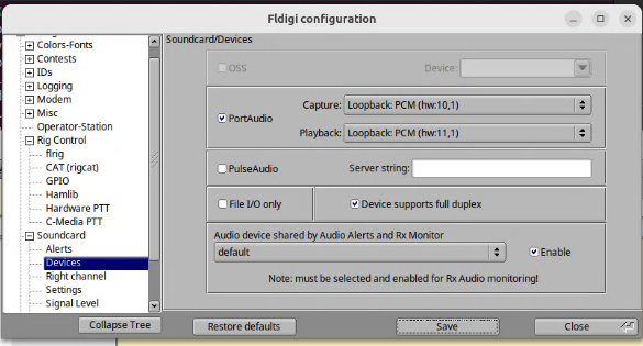 fldigi audio settings with the PortAudio section selected, Loopback PCM (hw:10,1) set for Capture and Loopback PCM (hw:11,1) set for Playback.