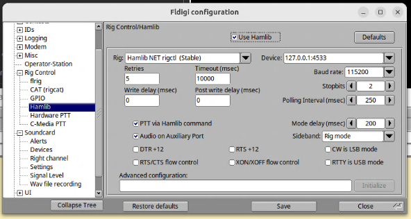 The fldigi rig control settings configured with the values defined above.