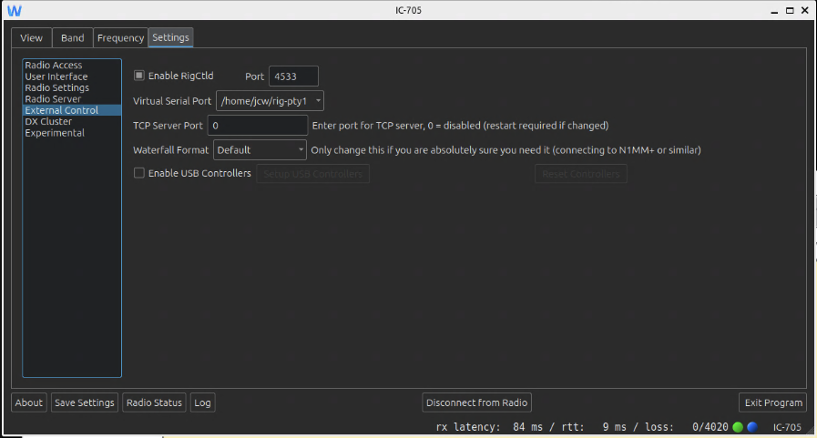 The screen for External Control in the wfview application.