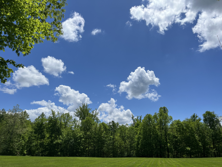A blue sky with puffy white clouds above a green field with trees in the distance.