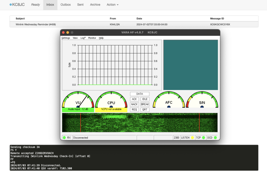 A screenshot of VARA HF running in a CrossOver window on top of the web UI for pat.