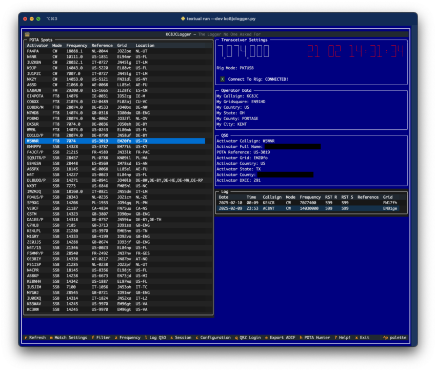 The main interface of the KC8JCLogger software. Listings of POTA spots on the left and rig/operator/log data on the right.