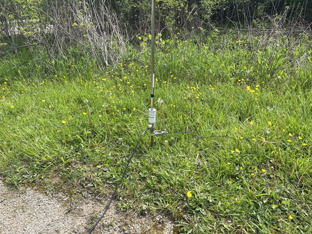 Chameleon whip mounted on the ground stake with radials deployed.