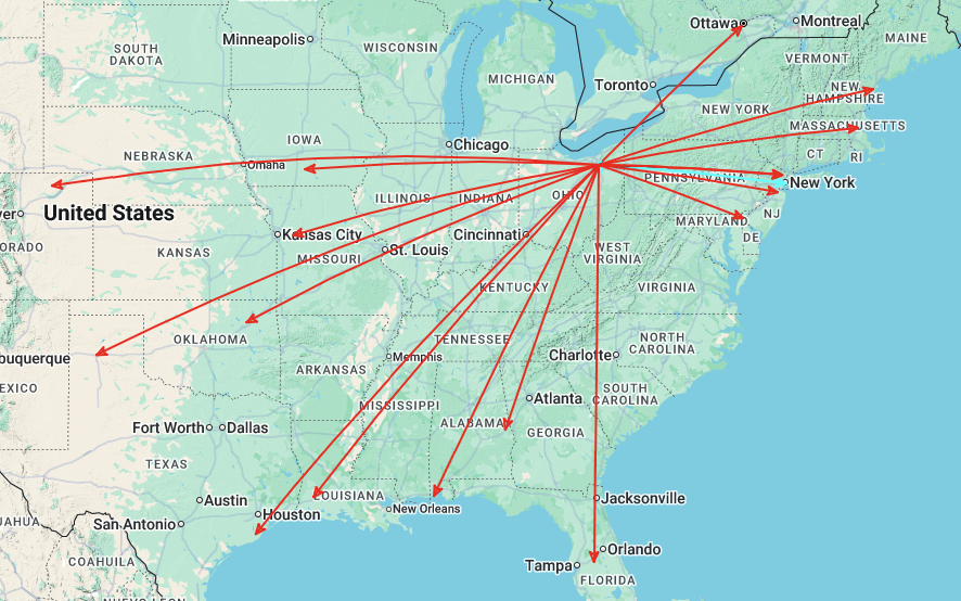 Here's what the contacts look like when plotted on the QSO map.