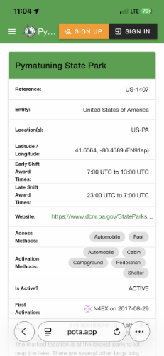 The POTA Page for US-1407 as captured on a cellular device.